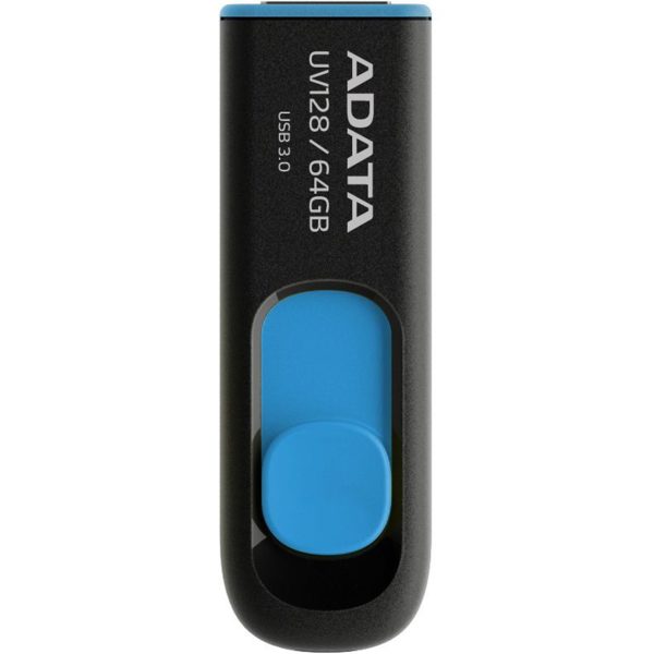 فلش مموری کشویی ای‌دیتا مدل DashDrive UV128 ظرفیت 64GB، رابط USB 3.0 با سرعت خواندن 90 و نوشتن 40MB/s، طراحی ضد خش و ضد گرد و خاک، قابلیت اتصال بند حمل